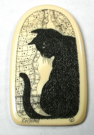 Artisan Scrimshaw Button Etched & Inked Black Cat Watching Its Tail - 1 & 1/2 "