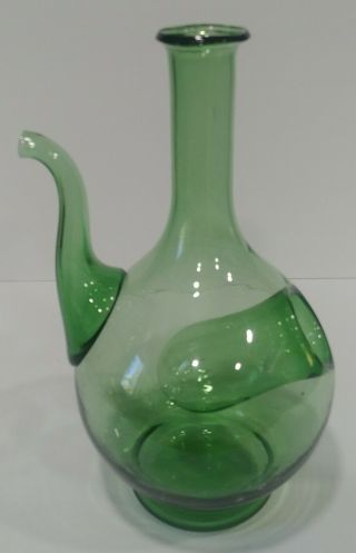 Vintage Hand Blown Italian Green Glass Porron Wine Pitcher/jug With Ice Chamber
