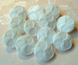 Set Of 12 Classic Vintage Art Deco Pinwheel White Glass Buttons 1930 - 40s