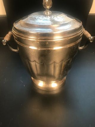Vintage Epc Silver Plate Ice Bucket With Lid.  Wooden Handles