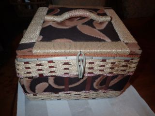 Vintage Square Wicker Sewing Basket Box With Handle Red Satin Lined
