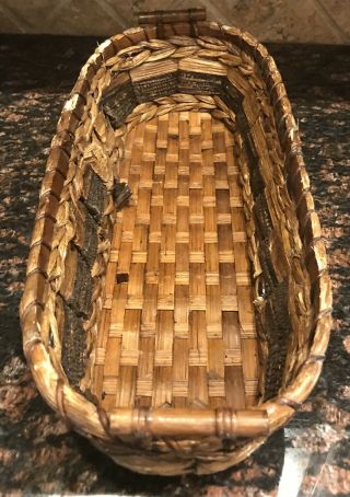 Vintage Oval Woven Wicker Large Bread Basket With Handles Boho Decor 17.  5”x7.  5”