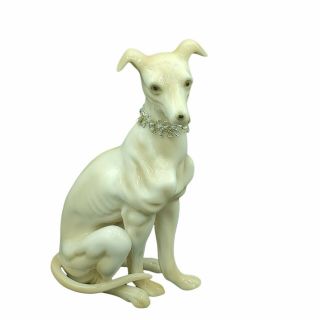 Vintage Porcelain White Whippet Greyhound Bejeweled Dog Figurine Devoted