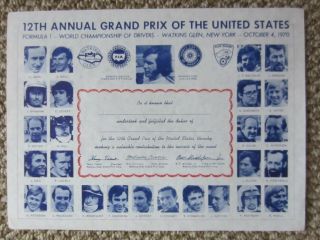 1970 Watkins Glen Official Certificate United States Grand Prix F1