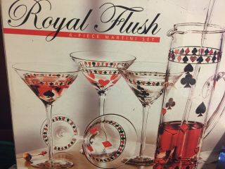 Nib Glass Martini Set,  Pitcher,  4 Glasses Stirrer Playing Card Suits Royal Flush
