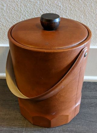 Vintage Ice Bucket Very Tall Leather With Wooden Handle,