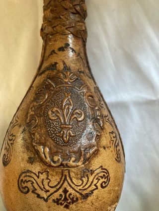 Vintage Italian Leather Wrapped Wine Bottle Decorated Front And Trim W/ Stopper