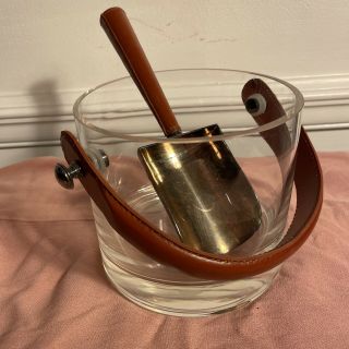 Heavy Handblown Glass Ice Bucket With Leather Handle And Brass Scoop