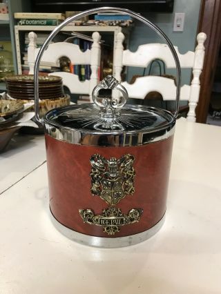 Vintage Crested Chrome And Viynl - Leather Ice Bucket (made In Japan)