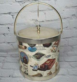 Vintage Mcm Ice Bucket Bar Ware Graphic Print Of Cigars Cigarettes Cards Dice