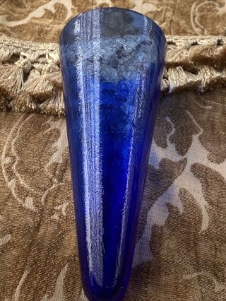 Vintage Cobalt Blue Crackle Glass 8 3/4” With 4” Top Wall Pocket Vase