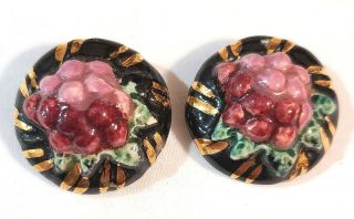 2 Matching Vintage Handmade Hand Painted Grapes Ceramic Coat Buttons 1 - 3/8 "