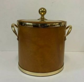 Mid - Century Leather Wrapped Ice Bucket With Brass / Gold Colored Lid & Handles
