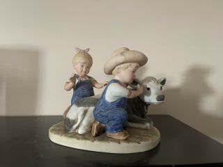 Home Interiors Denim Days Figurine - Girl And Boy With Cow.