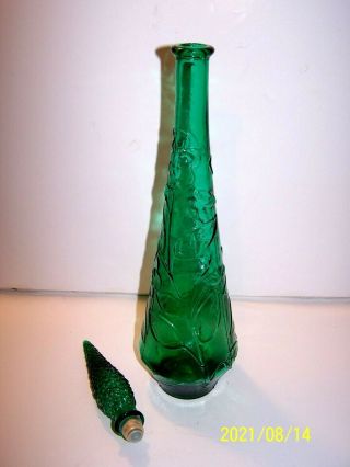 Vintage Italian Art Glass Green Genie Bottle Wine Decanter 22.  75 " Tall