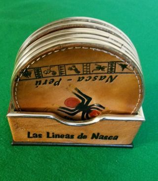 Nazca Lines Peru Coasters Set Of 6 Color Stamped Color Leather Travel Barware
