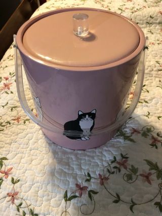 Pink Cat Vintage Large 11 " H B /w Plastic Ice Bucket Container Bowl With Tongs