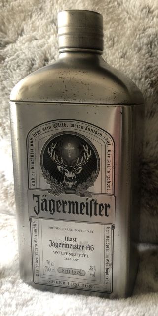 Rare Collectors Edition Silver Metallic Jagermeister Bottle Holder Bar Tin