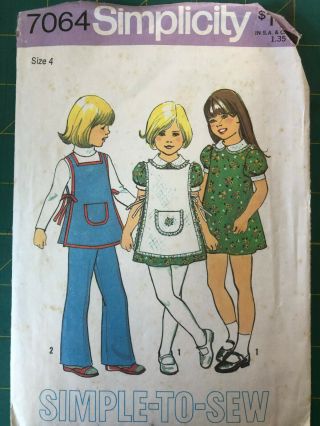 Vintage Sewing Pattern Simplicity 7064 (1975) Girls Dress Apron Pants Size 4