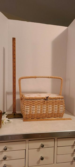 Vintage Woven Sewing Basket With Butterflies.  Pin Cushion On Interior Lid.