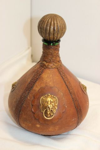 Vintage Wrapped Leather Bottle Italy Brass Lions Head Wine Decanter Ma