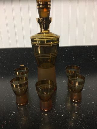 Vintage Retro Amber Cordial Liquor Set - Decanter & Stopper & 5 Shot Glasses