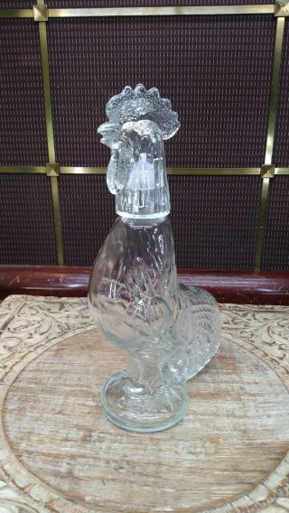 (nos) Clear Glass Rooster Highly Detailed Decanter 11.  75” Italian