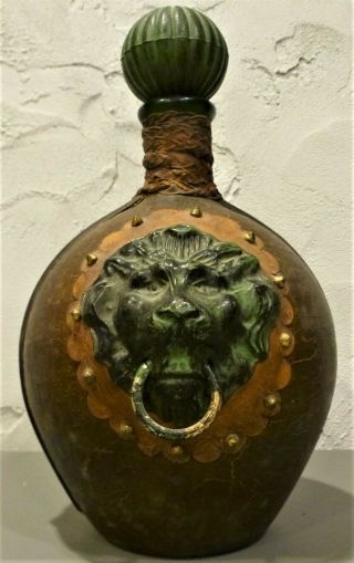 Vintage Made In Italy Lion Head Leather Covered Green Glass Decanter