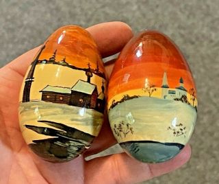 2 Hand Painted Wooden Wood Eggs With Snow Scenes,  European