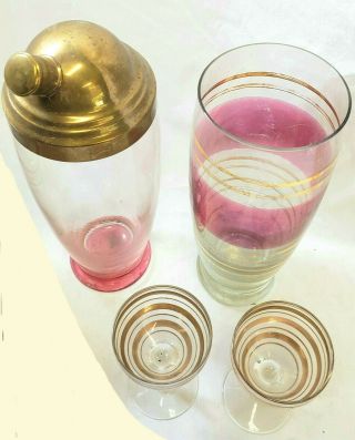 Vintage Pink Gold Rim Clear Glass Cocktail Shakers,  Lid,  Cap,  2 Stemmed Glasses