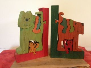 Unique Handmade Solid Wood Puzzle Book Ends Set (cat And Dog)