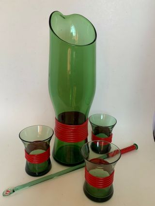 Mid Century Modern Vintage Cocktail Set Green Glass Wrapped In Red