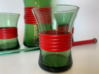 Mid Century Modern Vintage Cocktail Set Green Glass Wrapped In Red 2