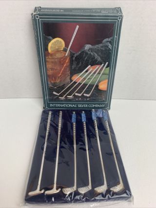 Vintage Set Of 6 Silver Plated Golf Club Cocktail Drink Stirrers Swizzle Sticks