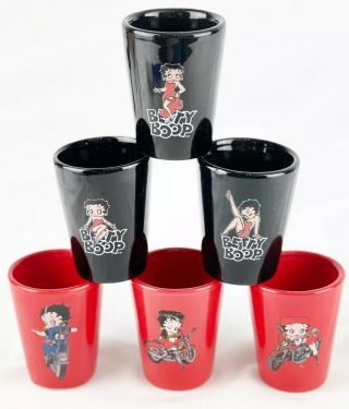 Set Of 6 2009 Betty Boop Shot Glasses 3 Black And 3 Red Motorcycle