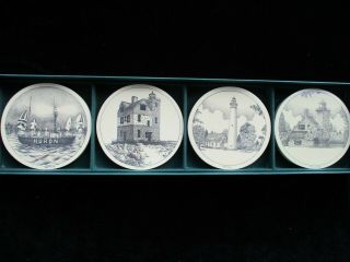 Vintage Barlow Scrimshaw Style Set Of 4 Coasters Lighthouses By Gary L Kiracofe
