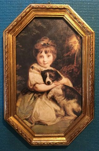 Vintage Picture Wall Hanging Made In Italy Girl Dog Victorian