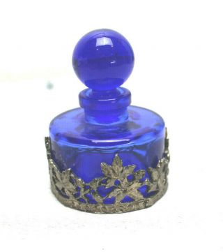 Antique Blue Glass Bottle Decanter W Decorative Metal Band 3 " X 1 7/8 "