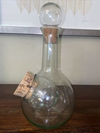 Vintage Blown Clear Glass Wine Decanter With Ice Chiller - Cork Stopper