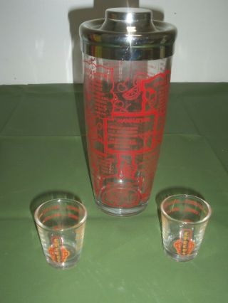 Vintage Cocktail Mixed Drink Shaker With 2 Shot Glasses,  W/recipes