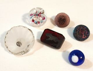 6 Antique Victorian Glass Buttons Evil Eye Swirl Back Carnival Luster Shell