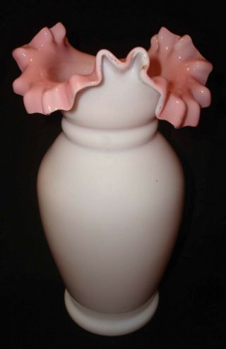 Antique Bristol Hand Blown White Milk Glass Pink Cased Ruffled 7 ¼” Flower Vase