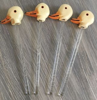 Vintage Glass Stir Swizzle Sticks Set Of Four Wooden Duck Bird Heads