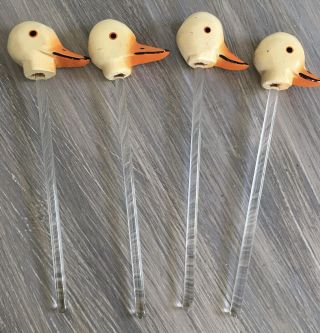 Vintage Glass Stir Swizzle Sticks Set Of Four Wooden Duck Bird Heads 2