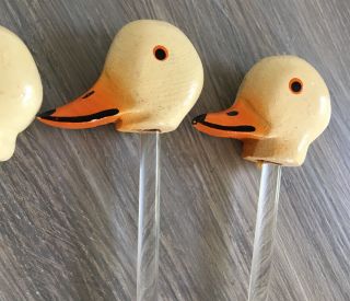 Vintage Glass Stir Swizzle Sticks Set Of Four Wooden Duck Bird Heads 3