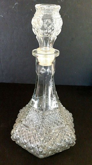 Vtg Clear Glass Decanter Bottle Stopper Diamond Cut Genie Barware Apothecary 12 "
