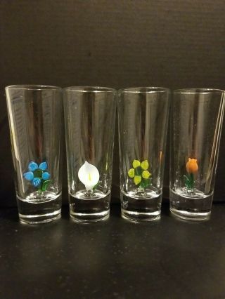 Mexican Tequila Shot Glasses Handblown Flower Inside Art Glass Set Of 4 × 2 Oz.