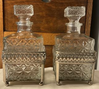 2 Vintage Clear Glass Liquor Decanter Bottle/glass Stopper And Silver Holder