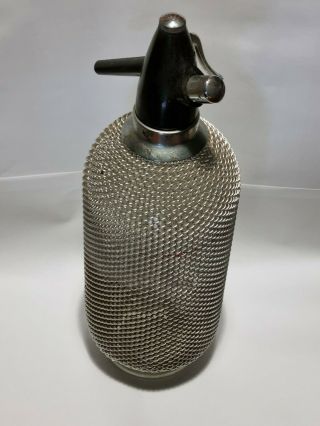 Vintage Soda Siphon Seltzer With Silver Metal Wire Mesh Glass Soda Bottle