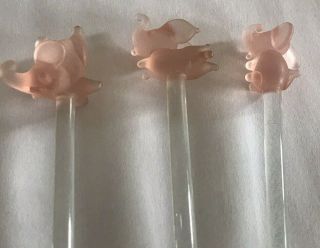 Vtg Set Of 3 Pink Satin Glass Elephant Cocktail Drink Swizzle Sticks Handmade